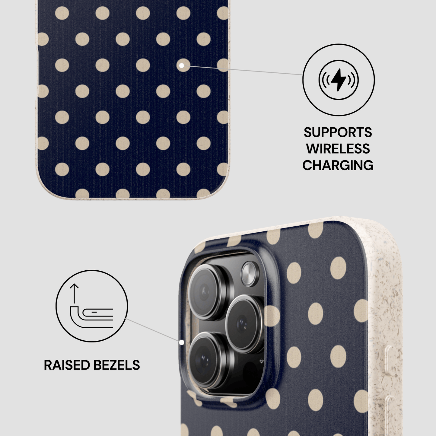 Phone case with polka dot design and wireless charging feature on a light gray background