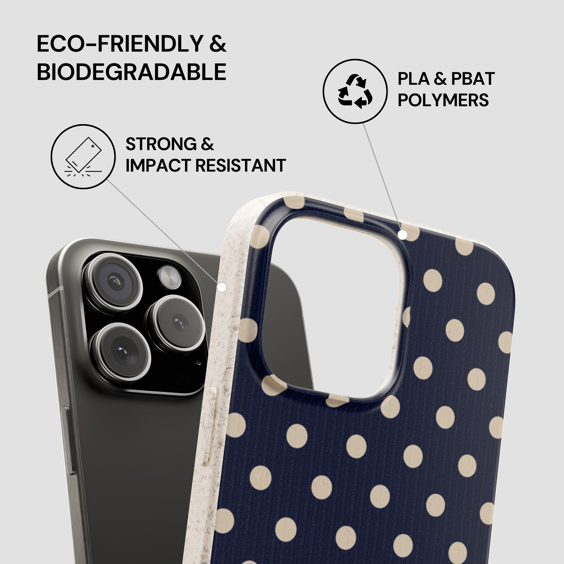 Navy blue phone case with white polka dots and features text on a light gray background