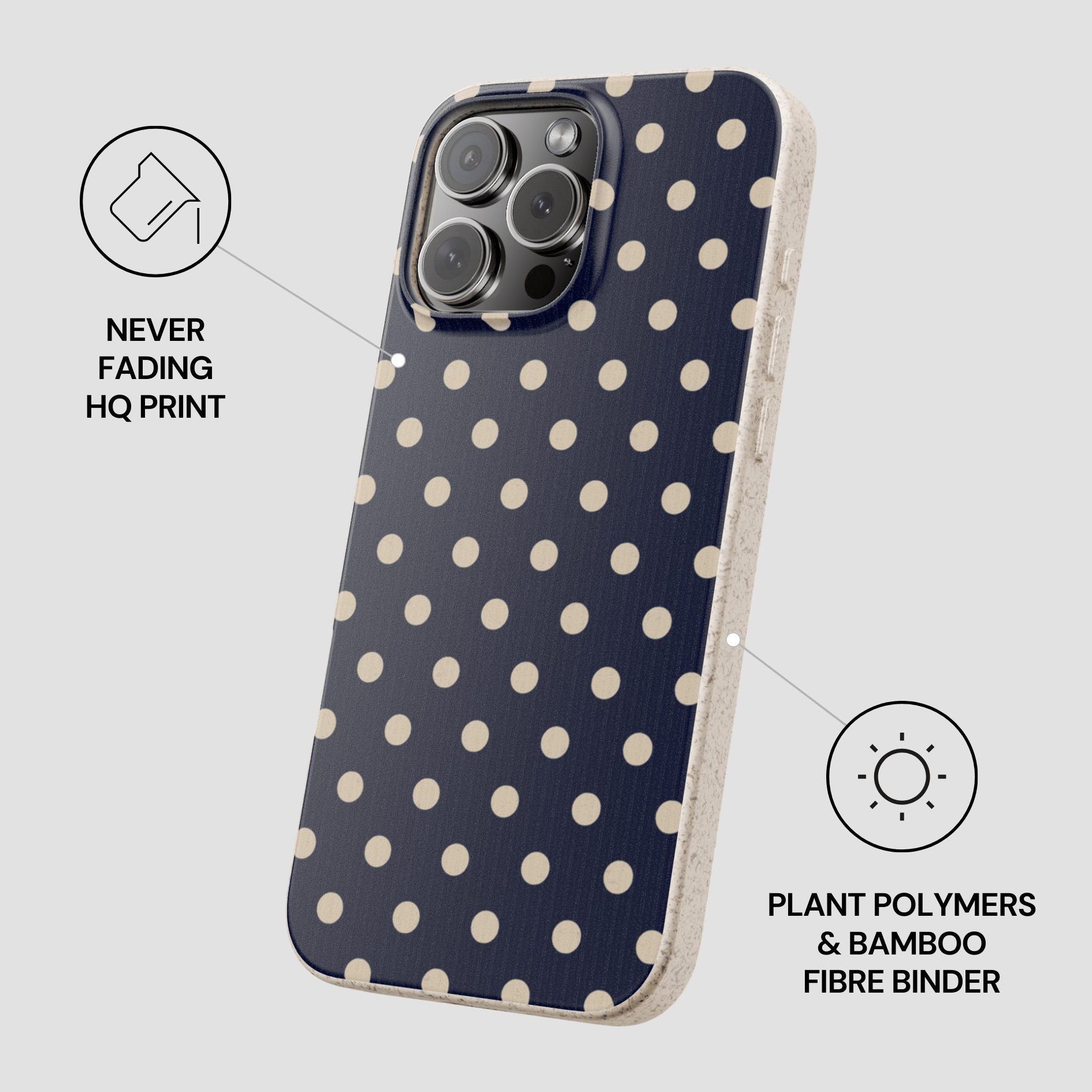 Phone case with polka dot pattern on a gray background