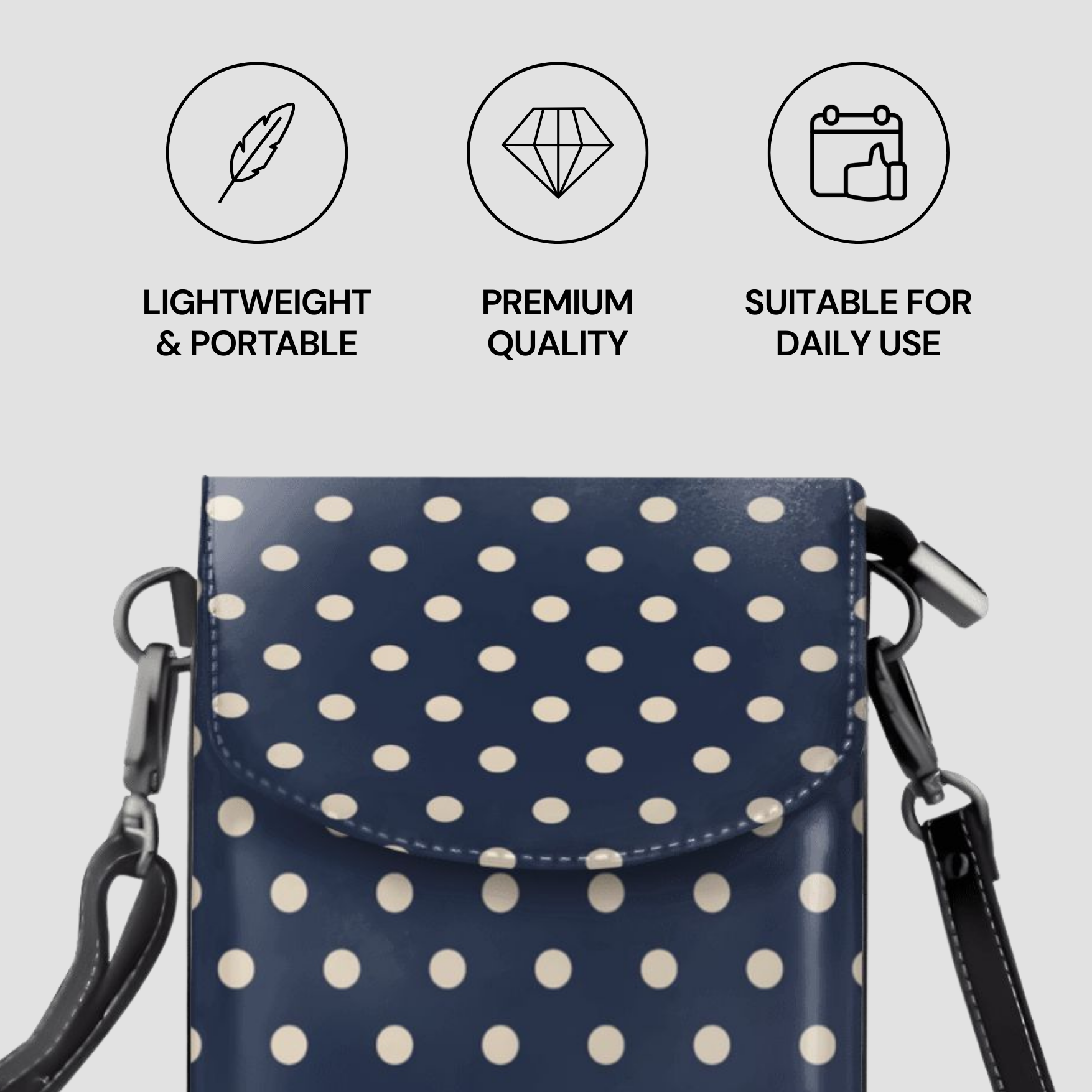 Navy blue handbag with white polka dots on a light gray background, featuring icons and text about product attributes.