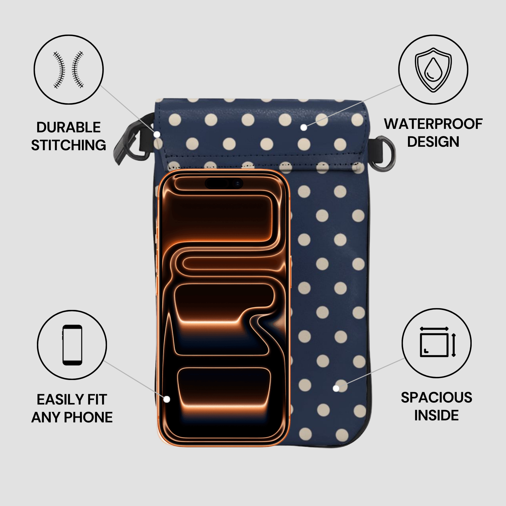 Blue polka dot phone case with features highlighted on a gray background
