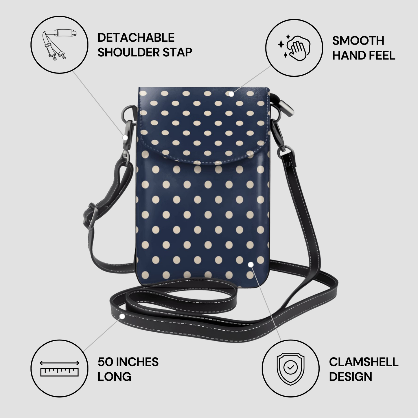 Navy blue crossbody bag with white polka dots on a light gray background, featuring icons and text about product features.