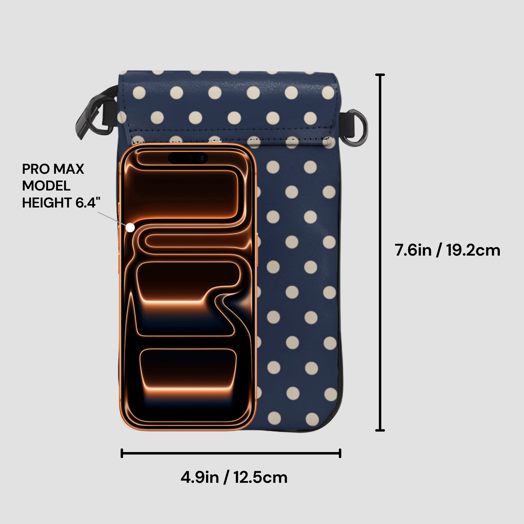 Phone case with polka dot pattern and measurements on a gray background