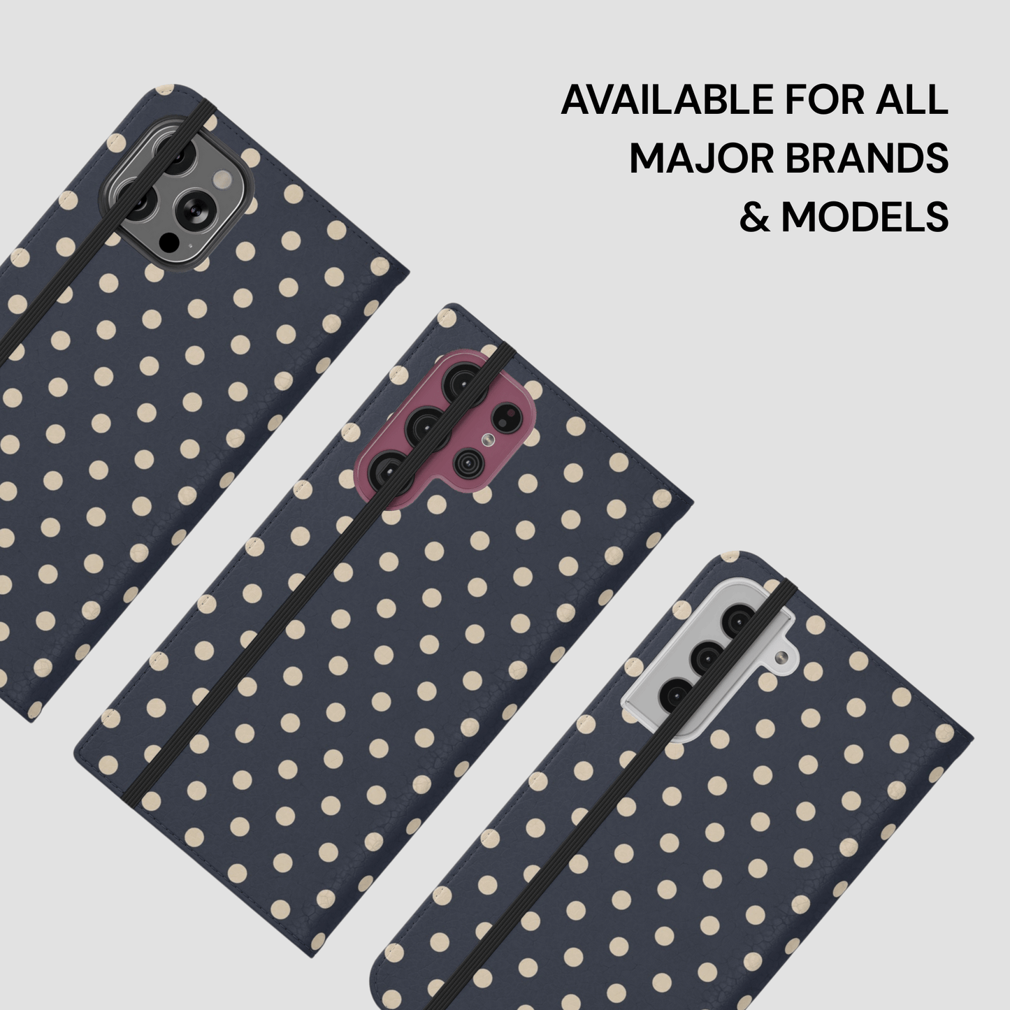 Polka dot phone case on a gray background with text 'Available for all major brands & models'.
