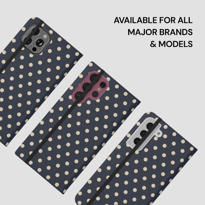 Polka dot phone case on a gray background with text 'Available for all major brands & models'.