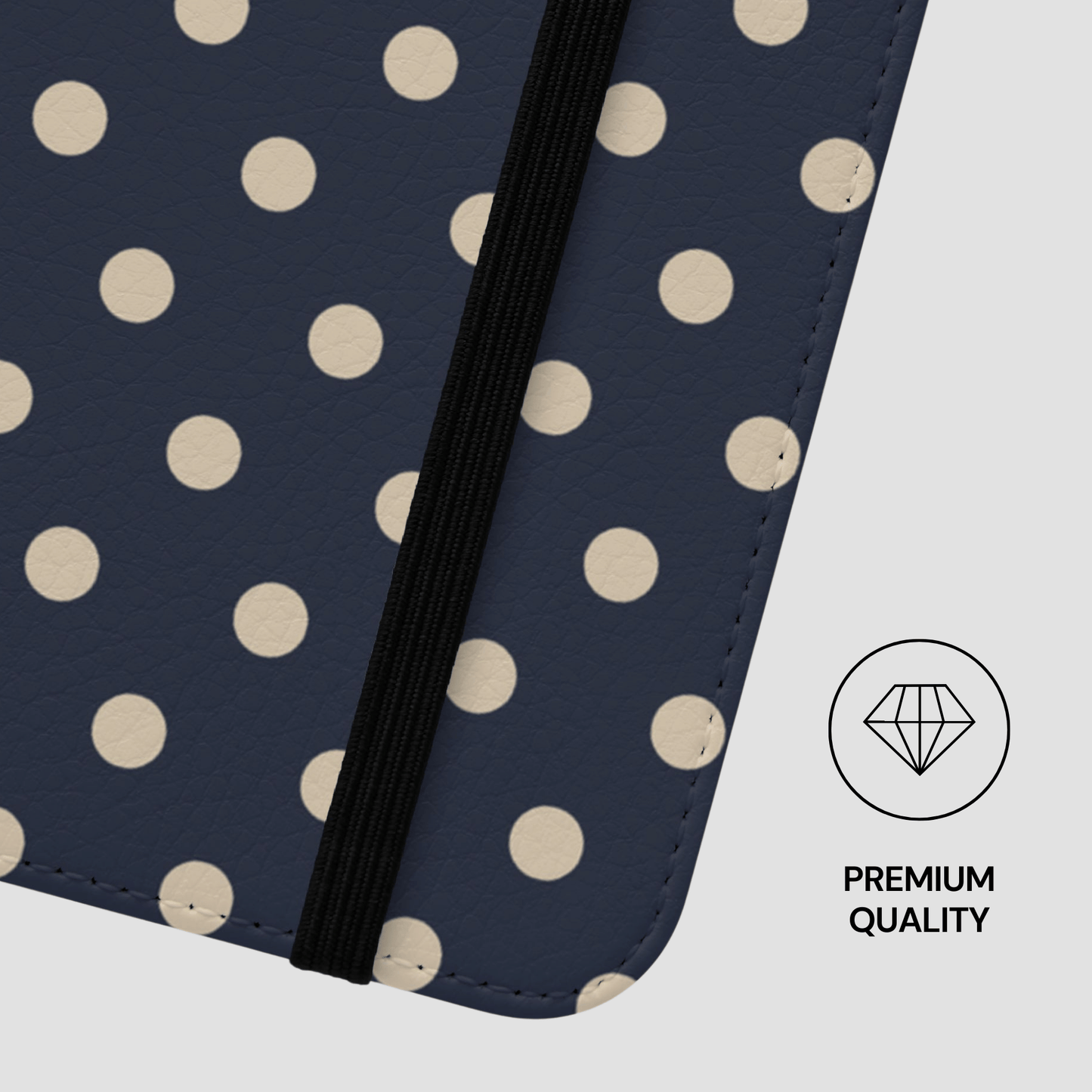 Navy blue case with beige polka dots and a black strap, featuring a 'Premium Quality' label.