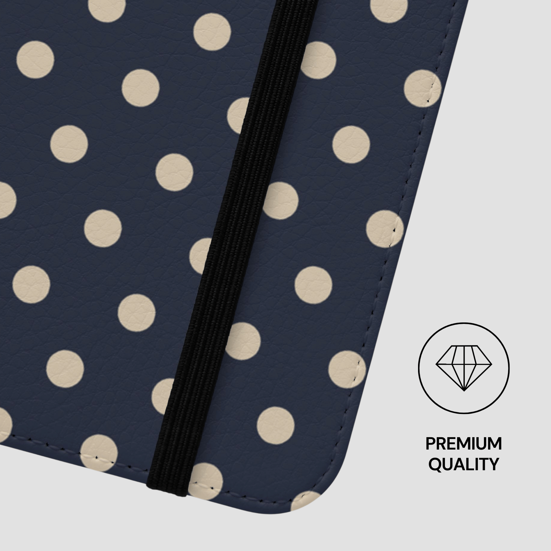 Navy blue case with beige polka dots and a black strap, featuring a 'Premium Quality' label.