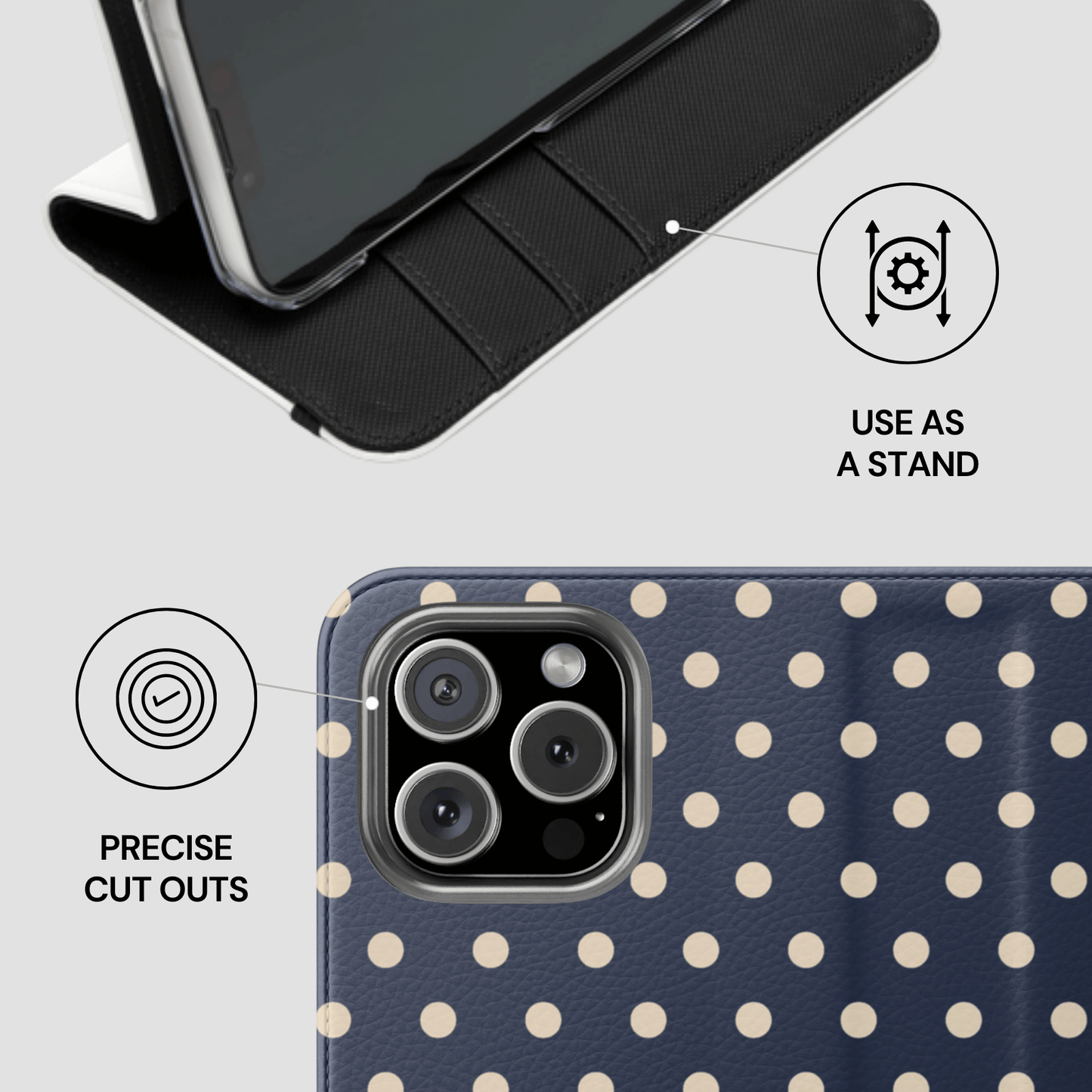 Phone case with polka dot design and features labeled on a light gray background