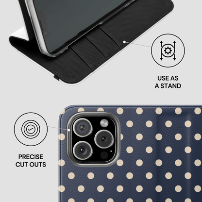 Phone case with polka dot design and features labeled on a light gray background