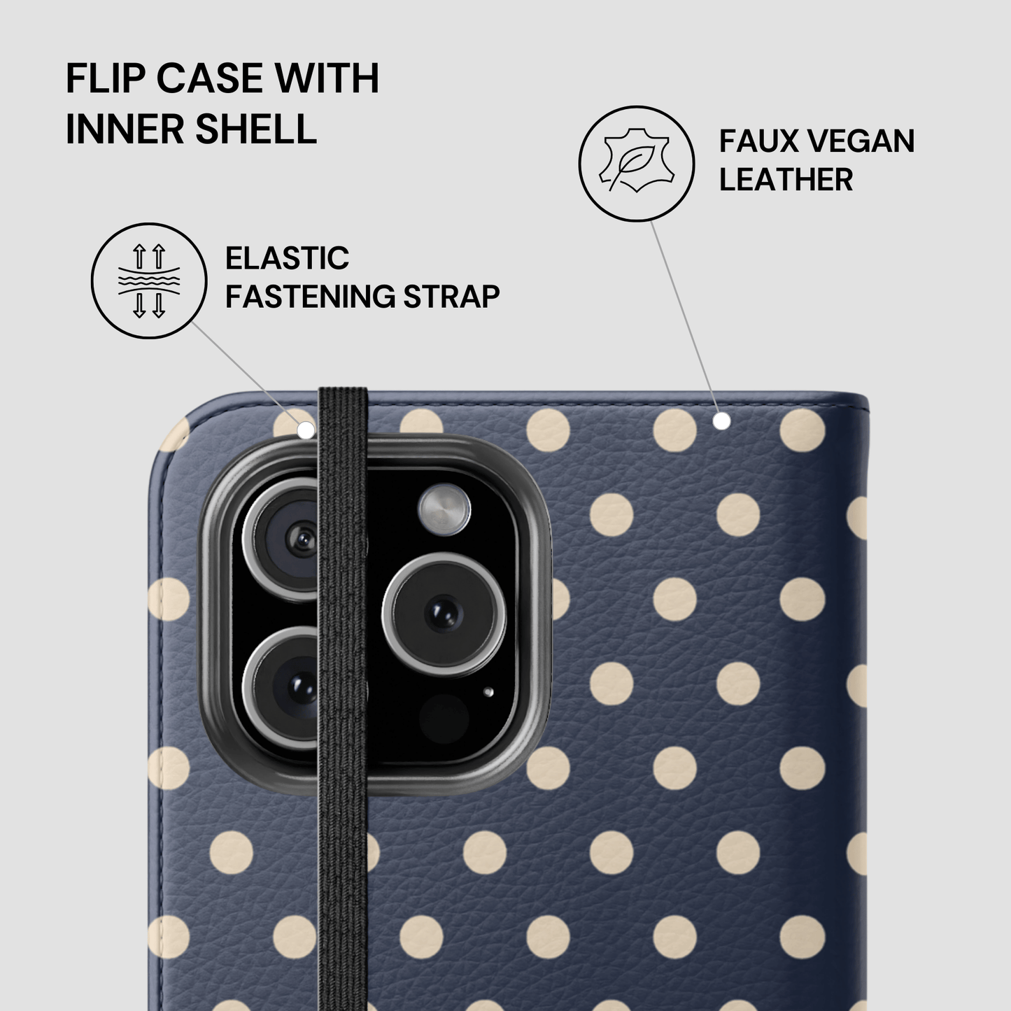 Polka dot phone case with features highlighted on a light gray background