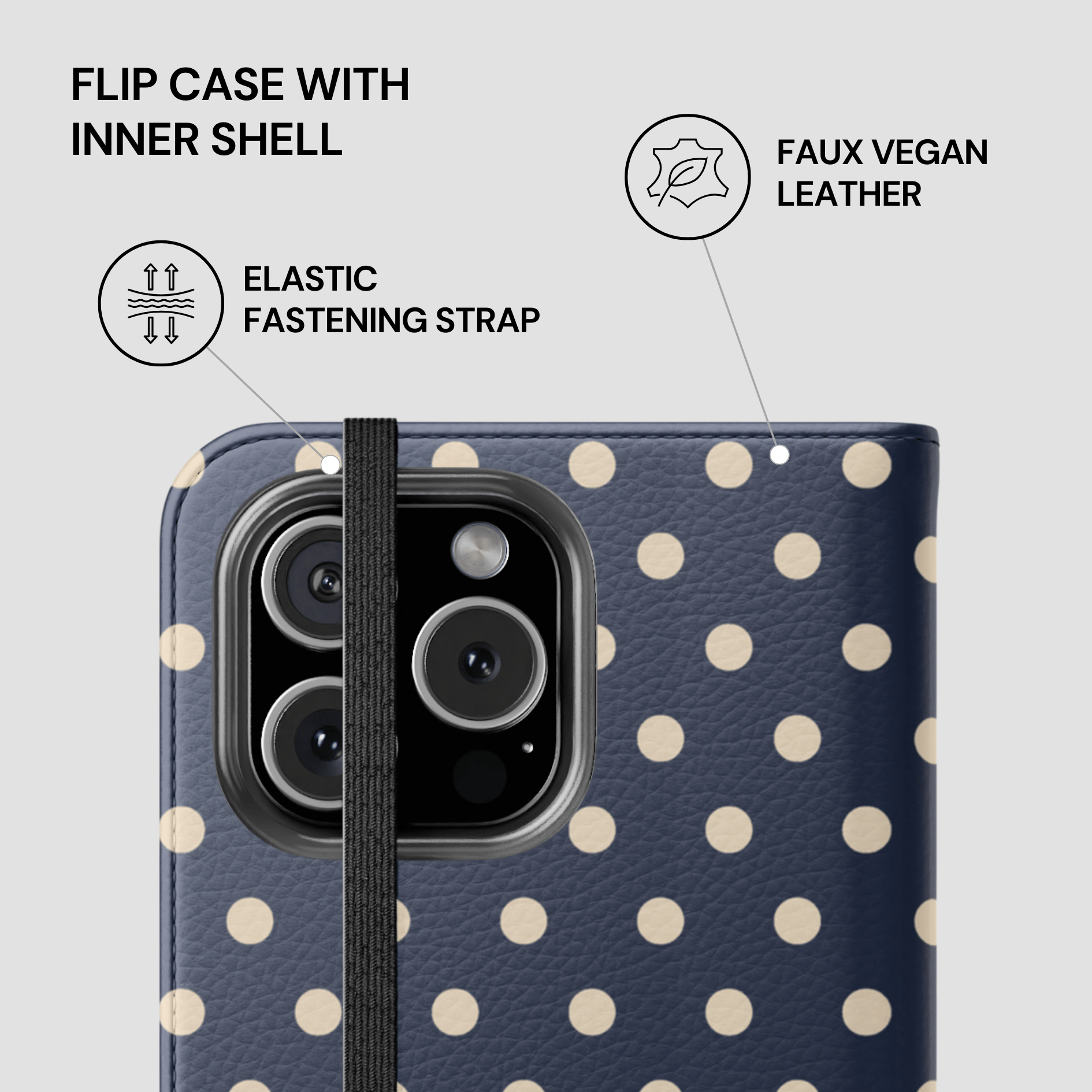 Polka dot phone case with features highlighted on a light gray background