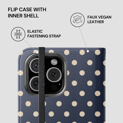 Polka dot phone case with features highlighted on a light gray background