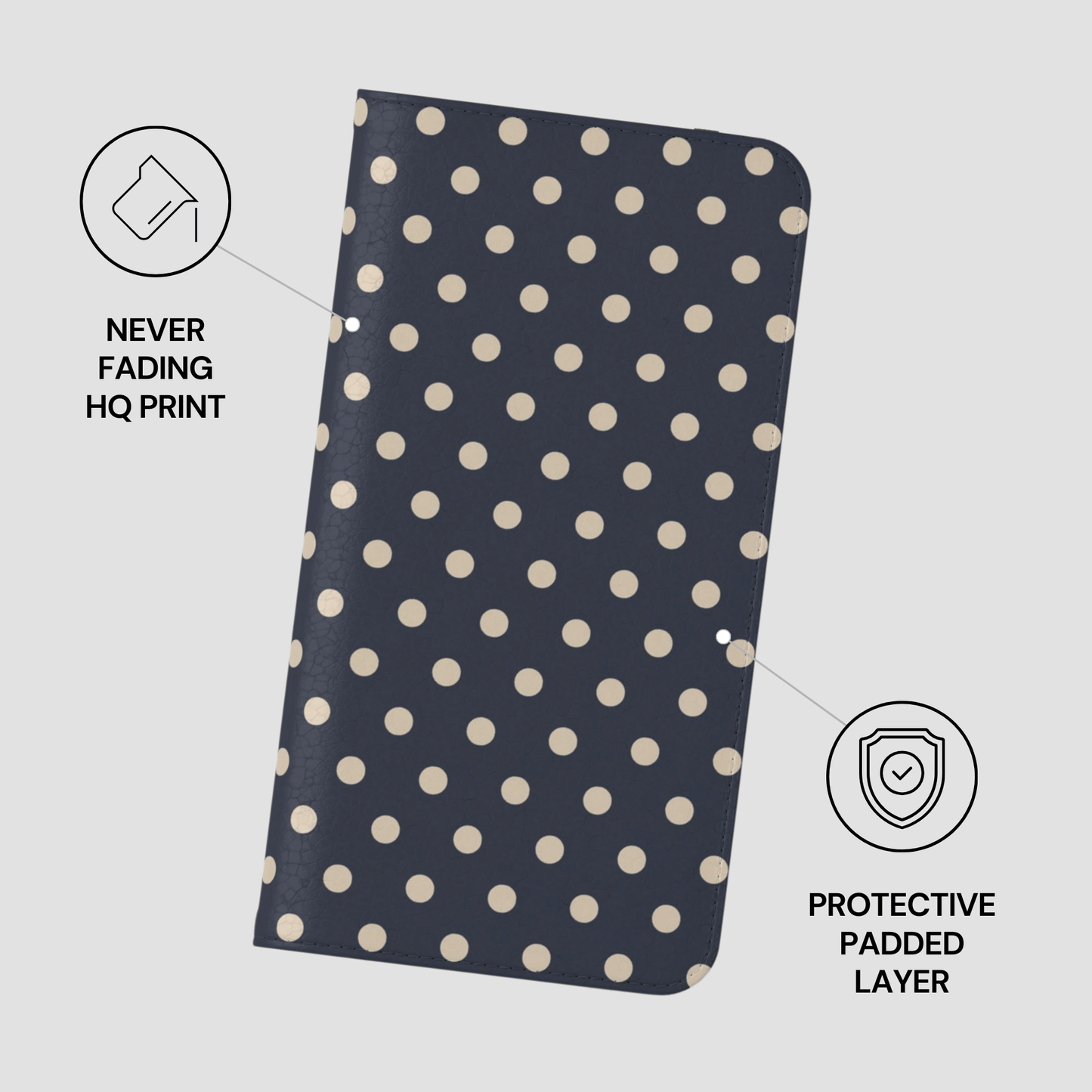 Polka dot notebook with protective features on a light gray background