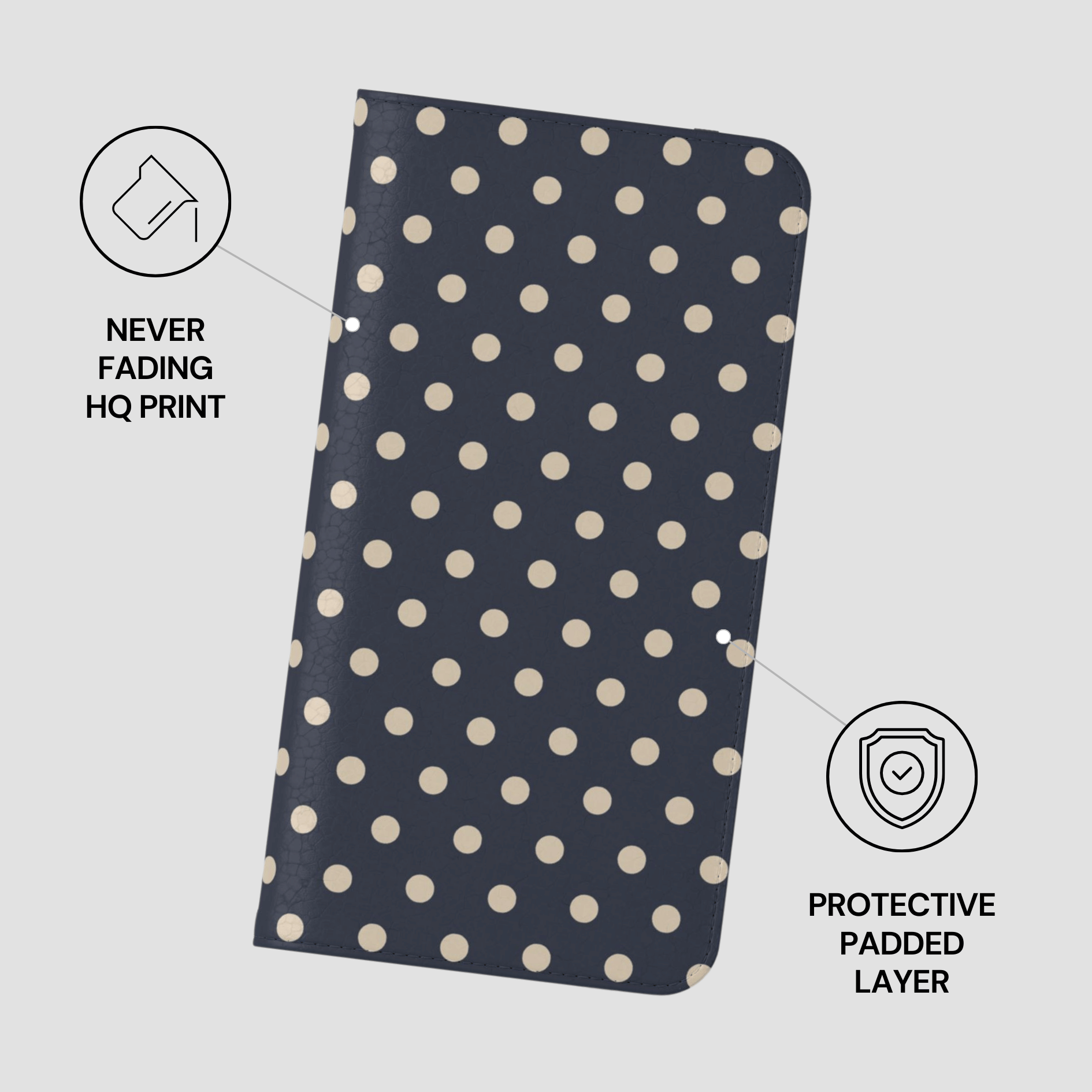 Polka dot notebook with protective features on a light gray background
