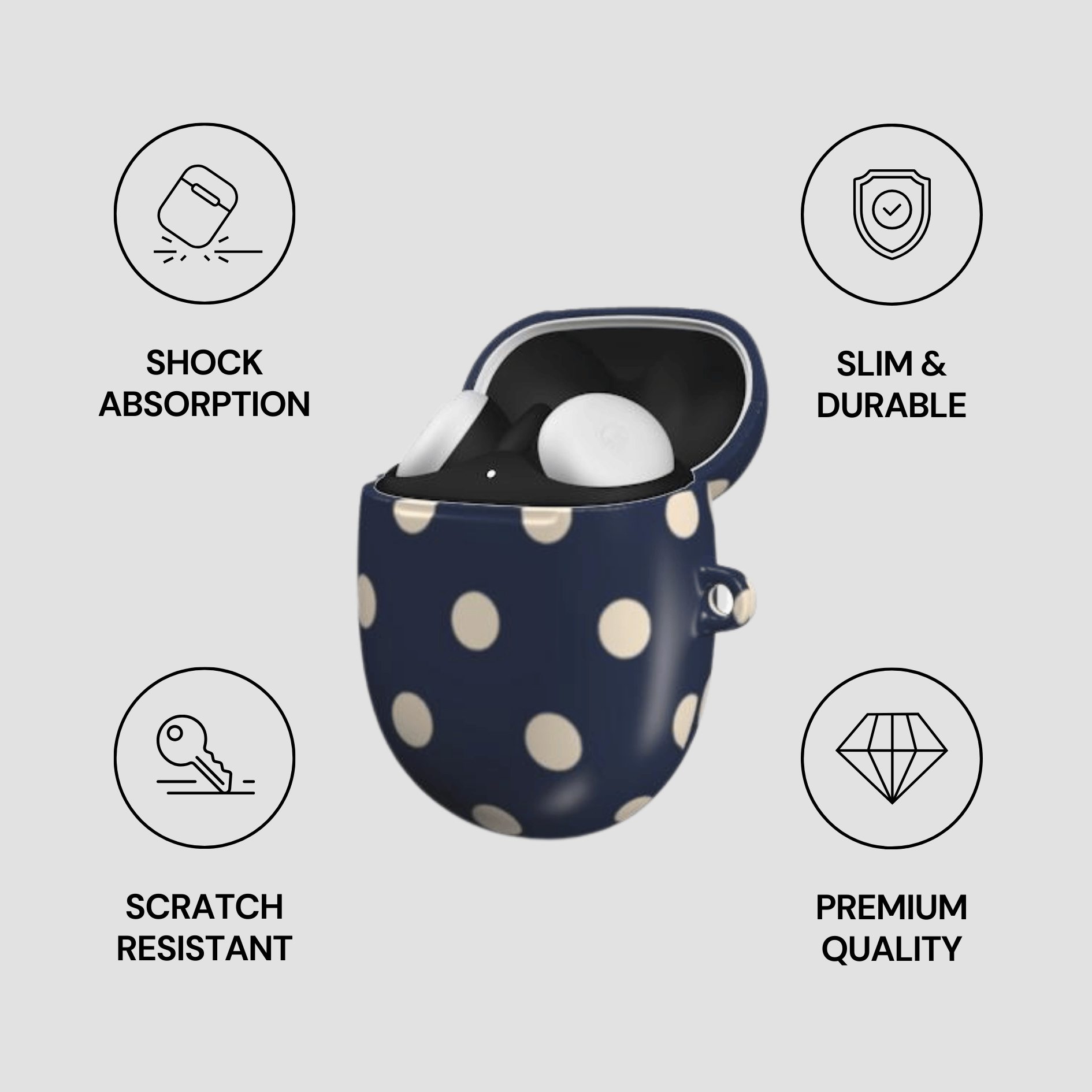 Navy blue case with white polka dots containing a white object, surrounded by icons and text on a light gray background.
