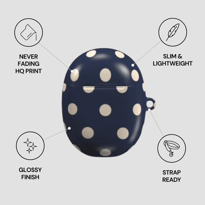 Navy blue case with white polka dots on a light gray background with feature icons and text.