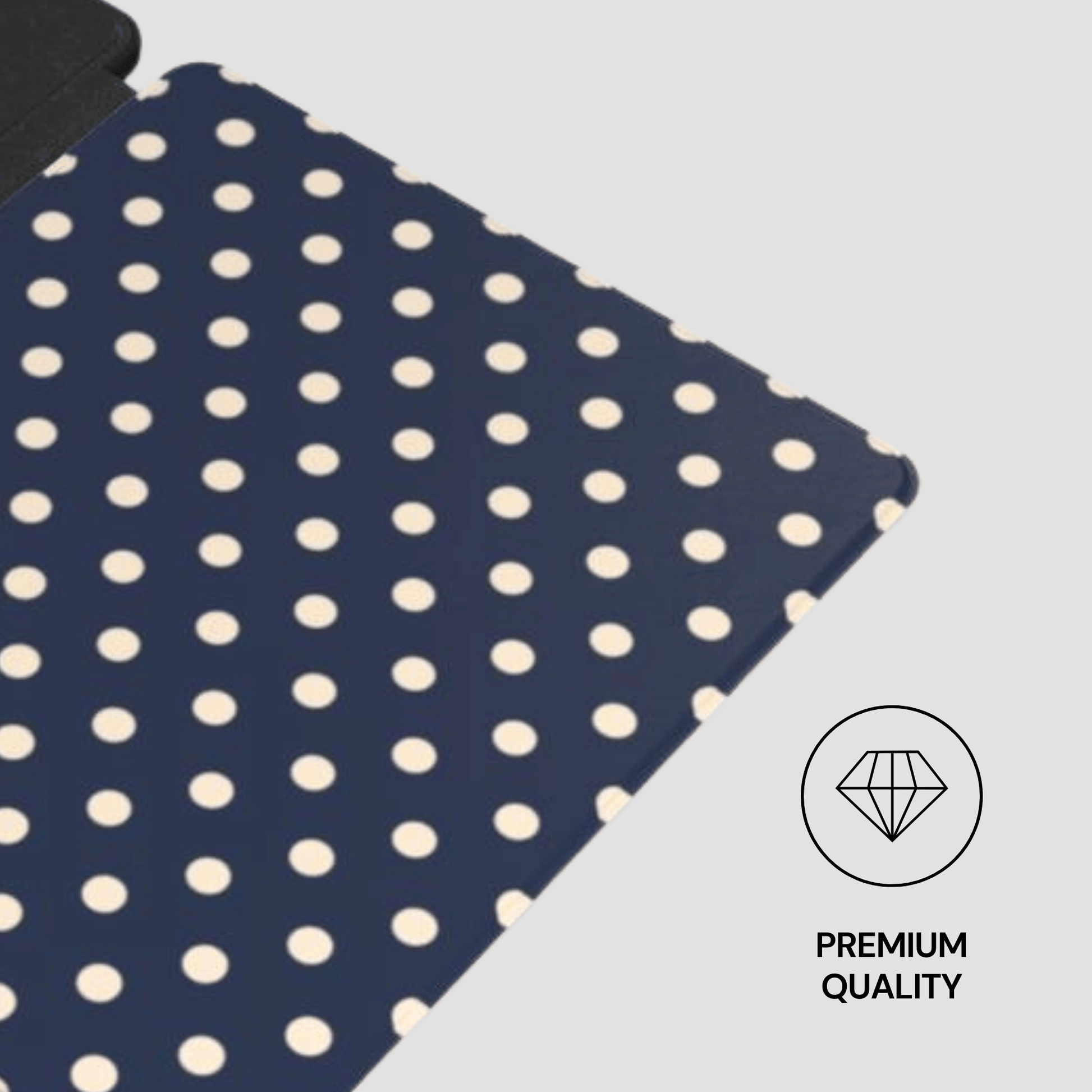 Navy blue fabric with white polka dots on a gray background, featuring a 'Premium Quality' label.
