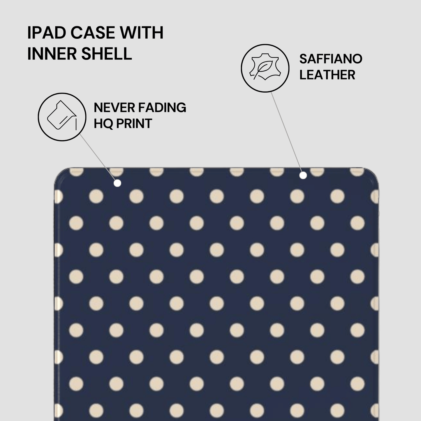 Navy blue iPad case with white polka dots on a gray background