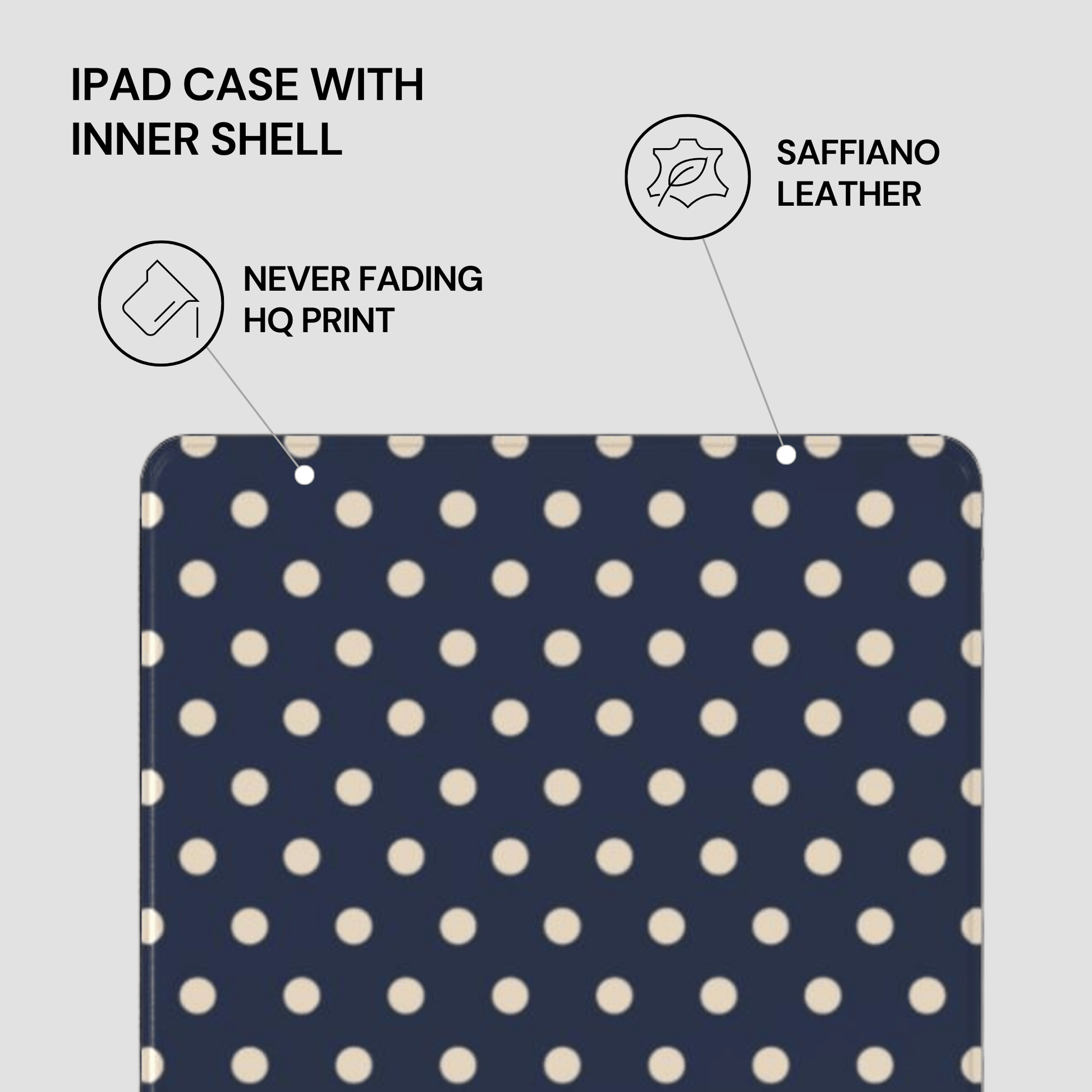 Navy blue iPad case with white polka dots on a gray background