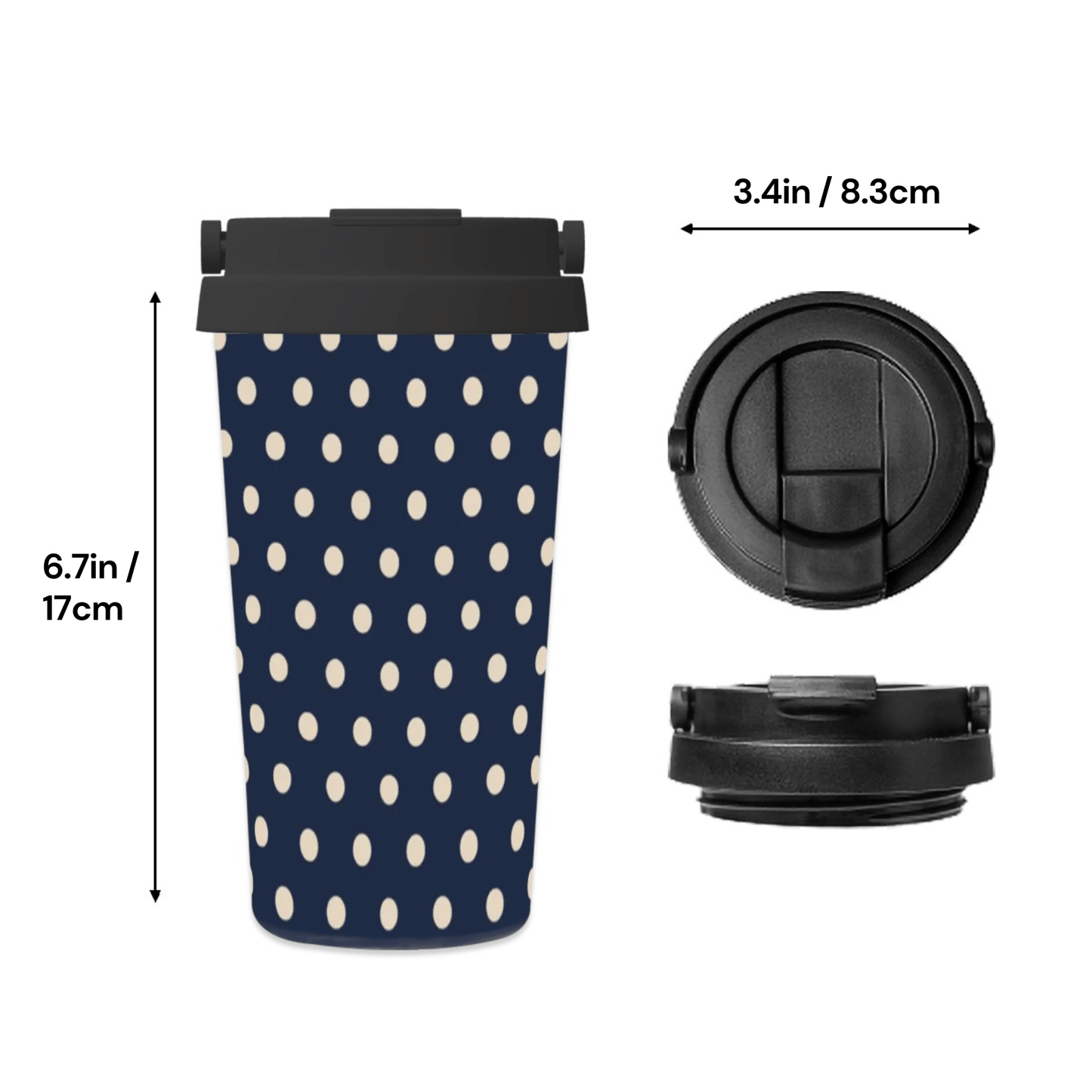 Navy blue travel mug with white polka dots and black lid measurements on a white background