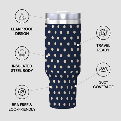 Navy blue tumbler with white polka dots on a gray background with feature text.