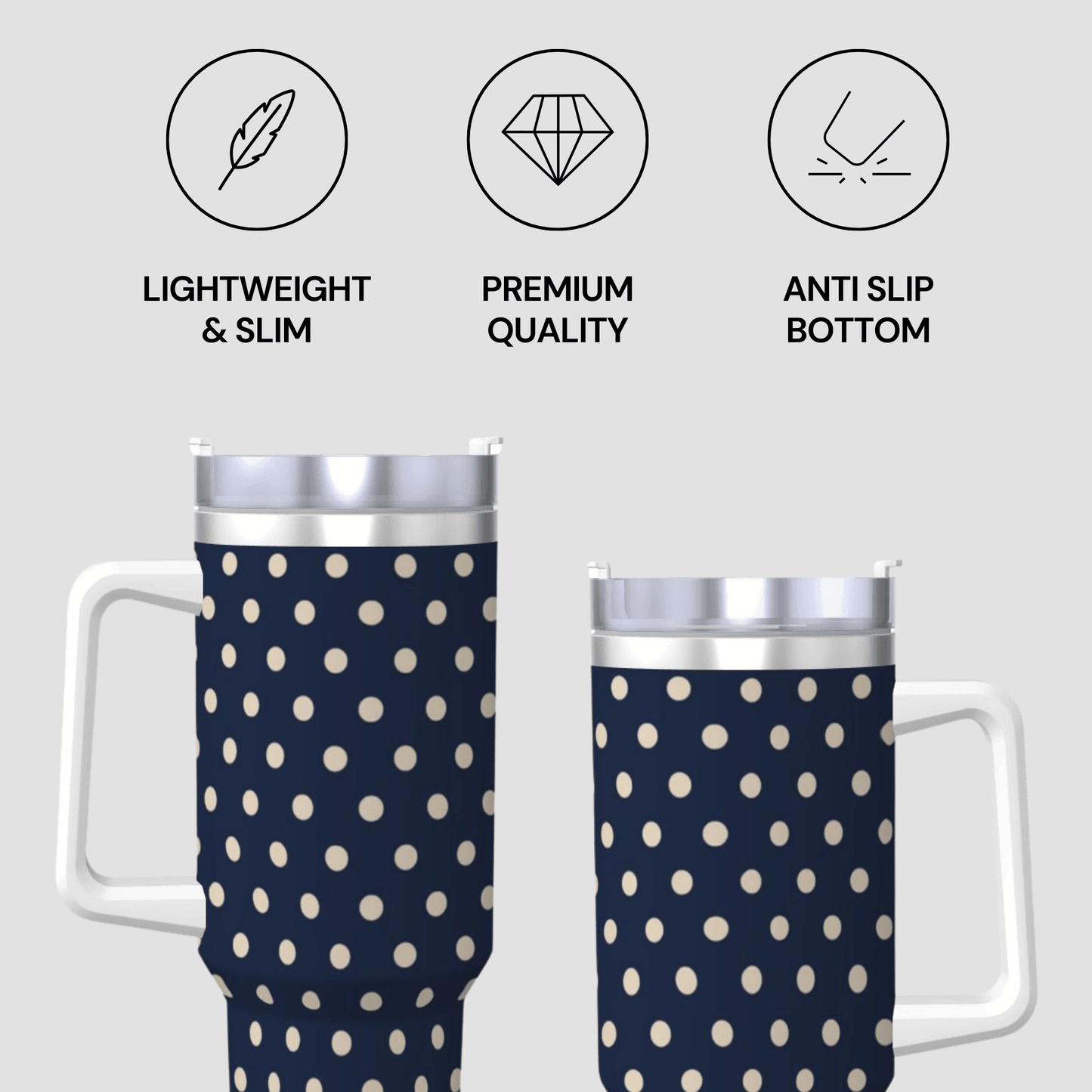 Two polka dot tumblers with features listed on a light gray background