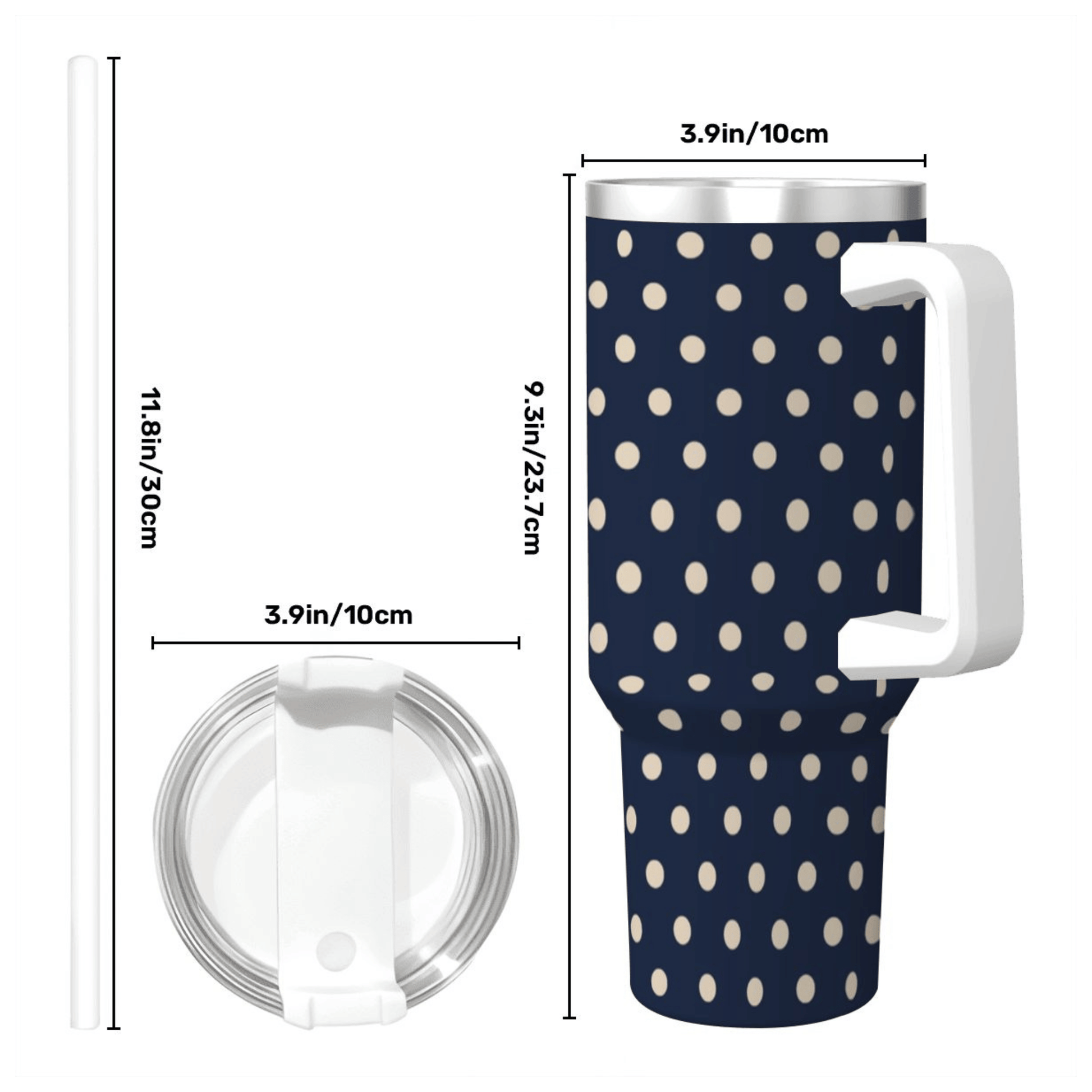 Navy blue tumbler with white polka dots and measurements on a white background