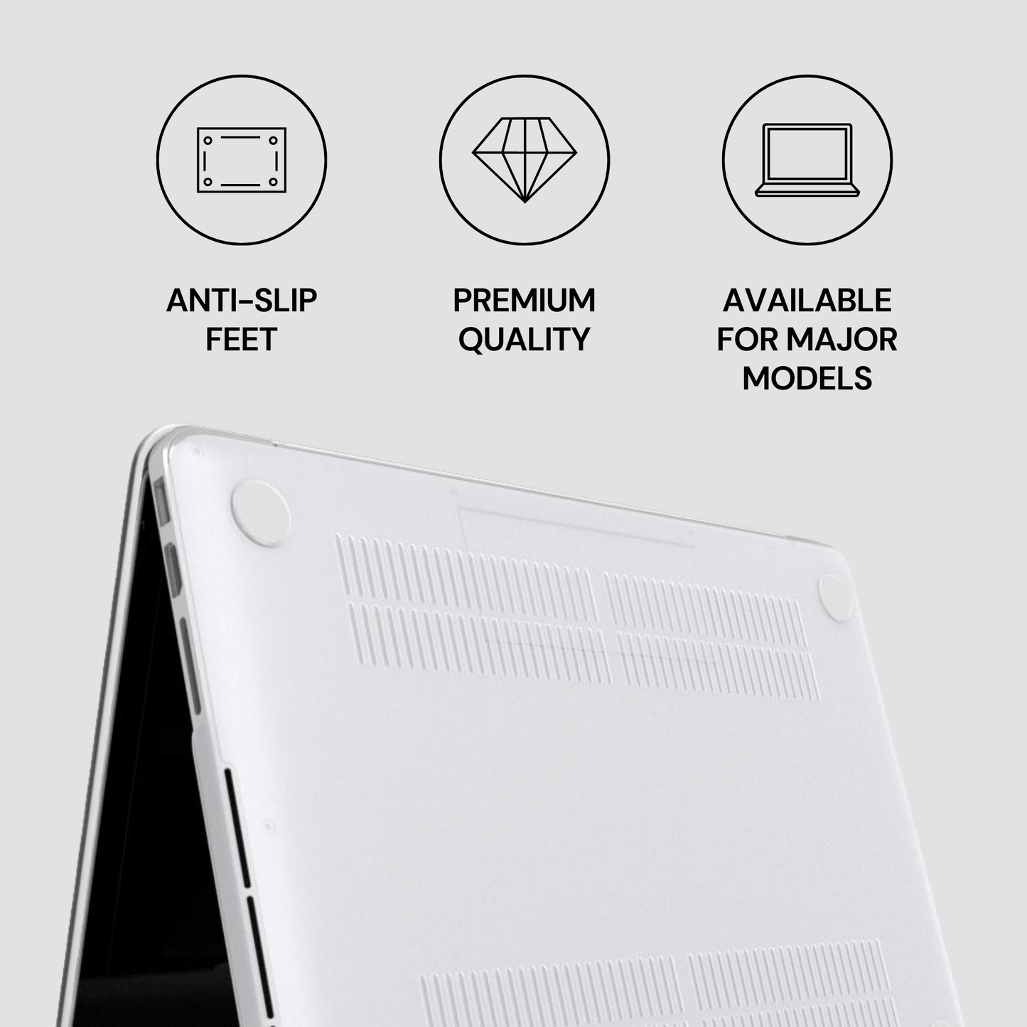 Laptop with features highlighted on a light gray background