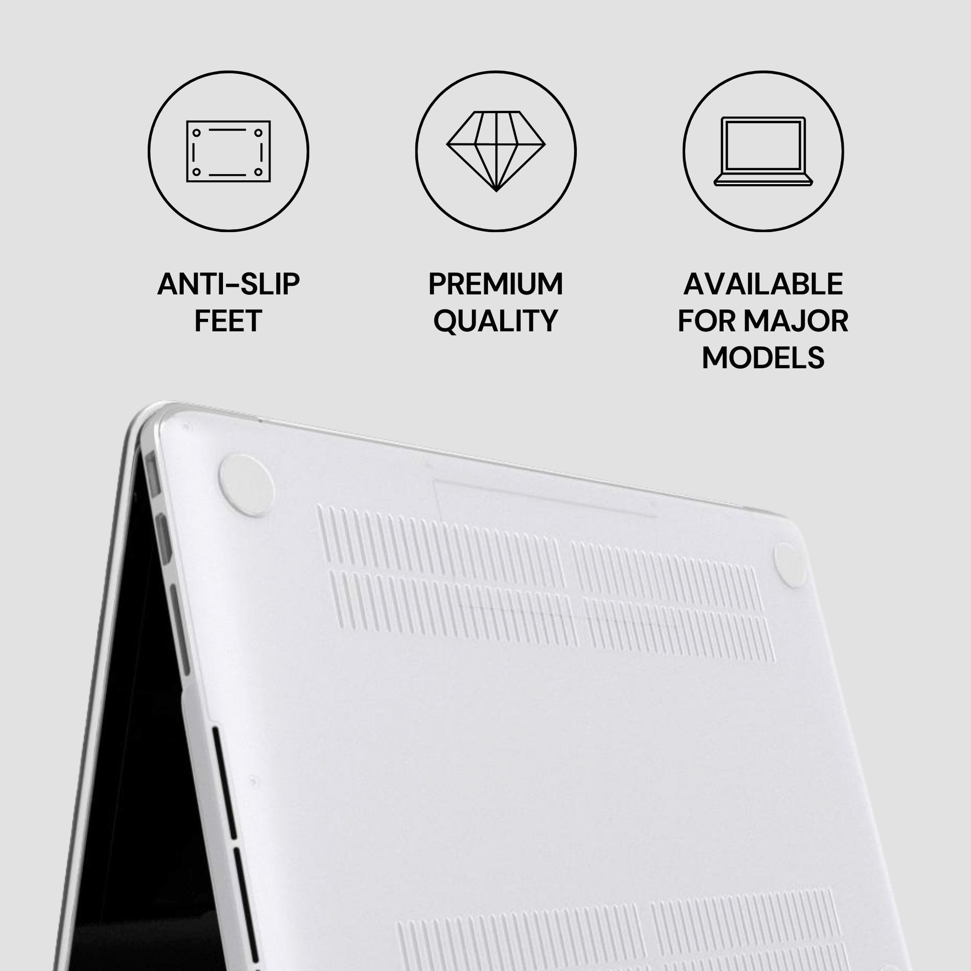 Laptop with features highlighted on a light gray background