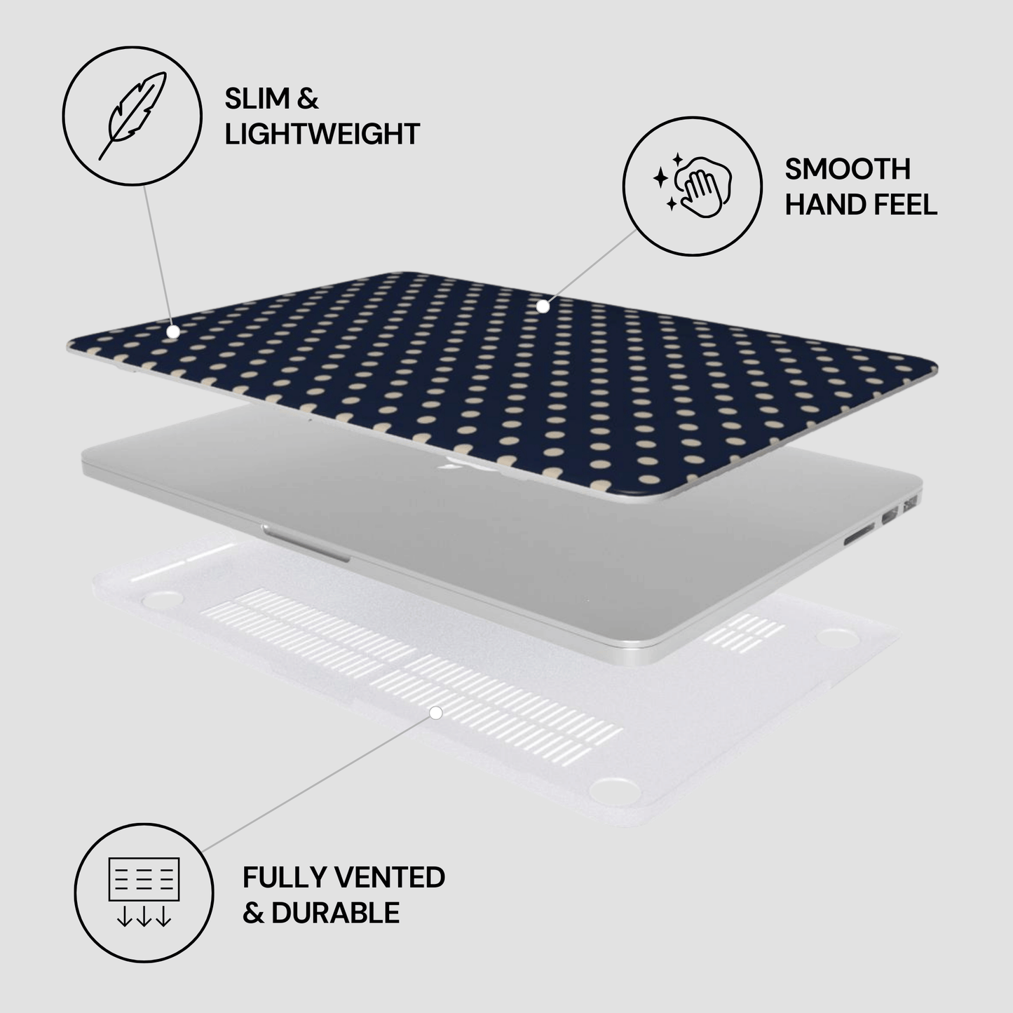 Laptop with a patterned cover on a light gray background, featuring text labels about the product's features.