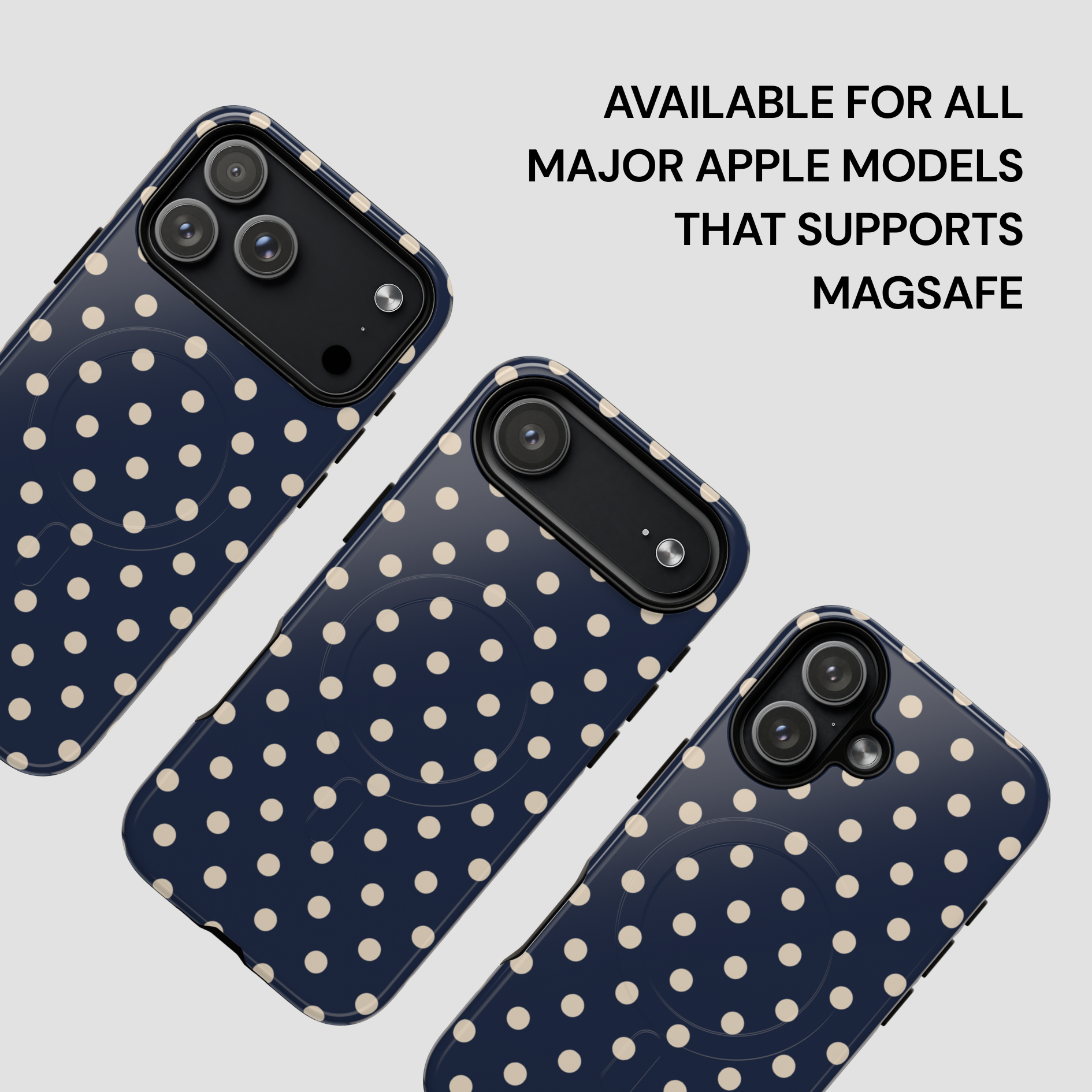 Polka dot phone case for Apple models on a light gray background