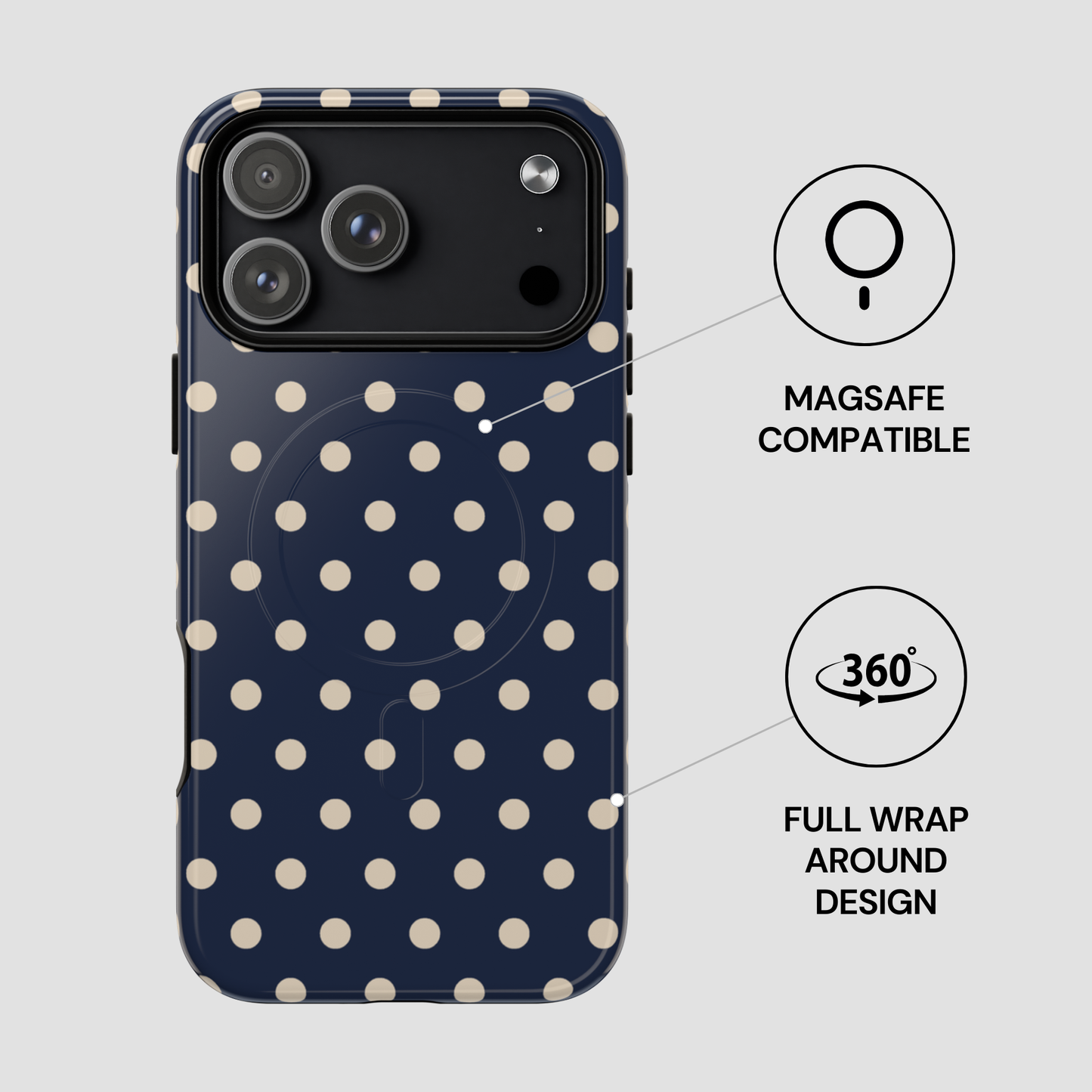 Phone case with polka dot pattern and Magsafe compatibility on a light gray background
