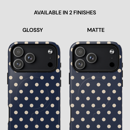 Two phone cases with polka dot pattern, one glossy and one matte, on a light gray background.