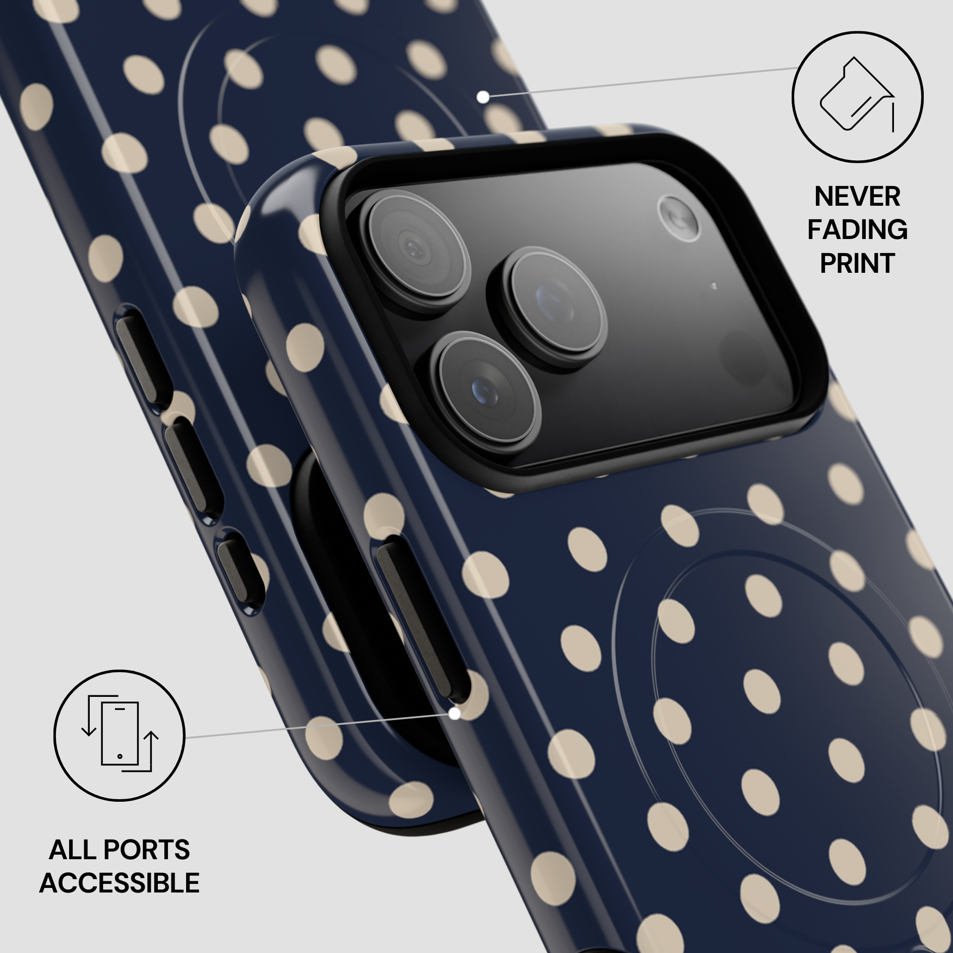 Phone case with polka dot pattern on a gray background