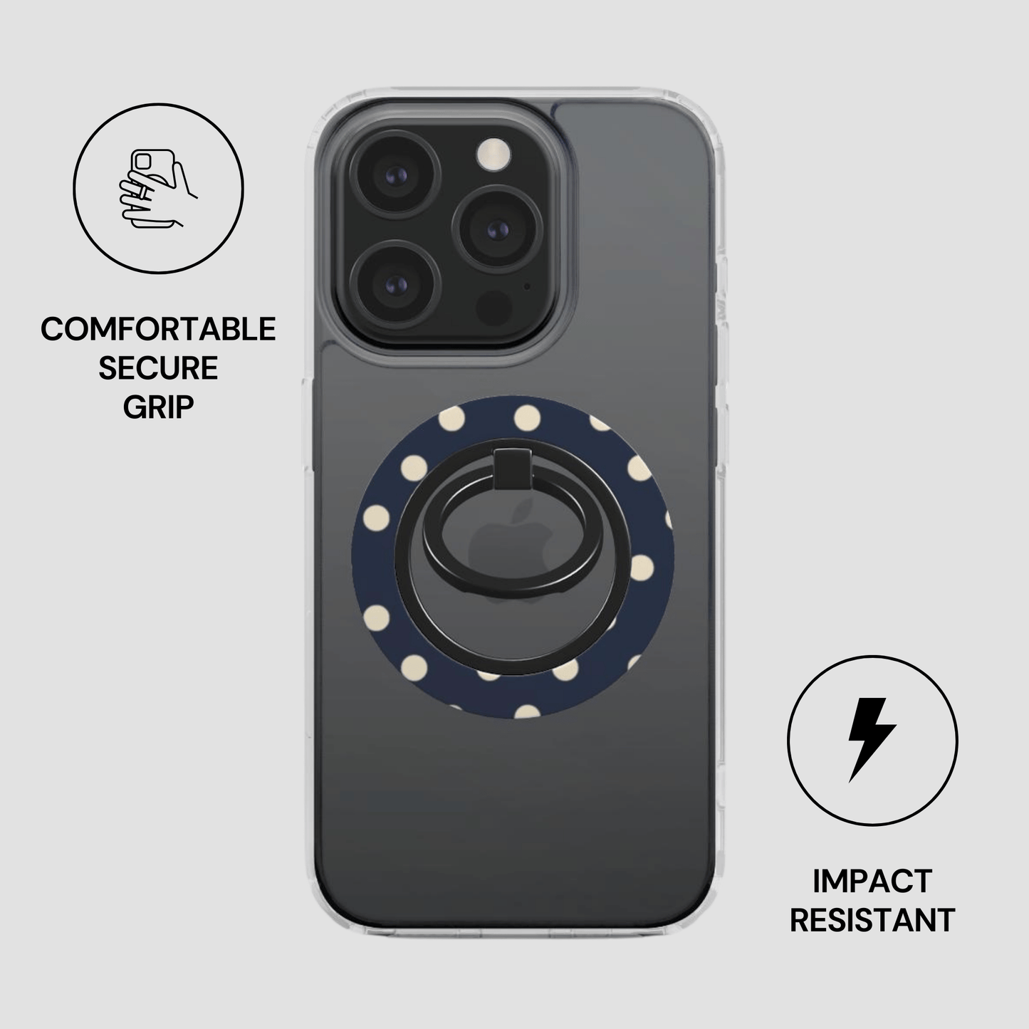 Phone case with ring holder and text about comfort, security, and impact resistance on a light gray background