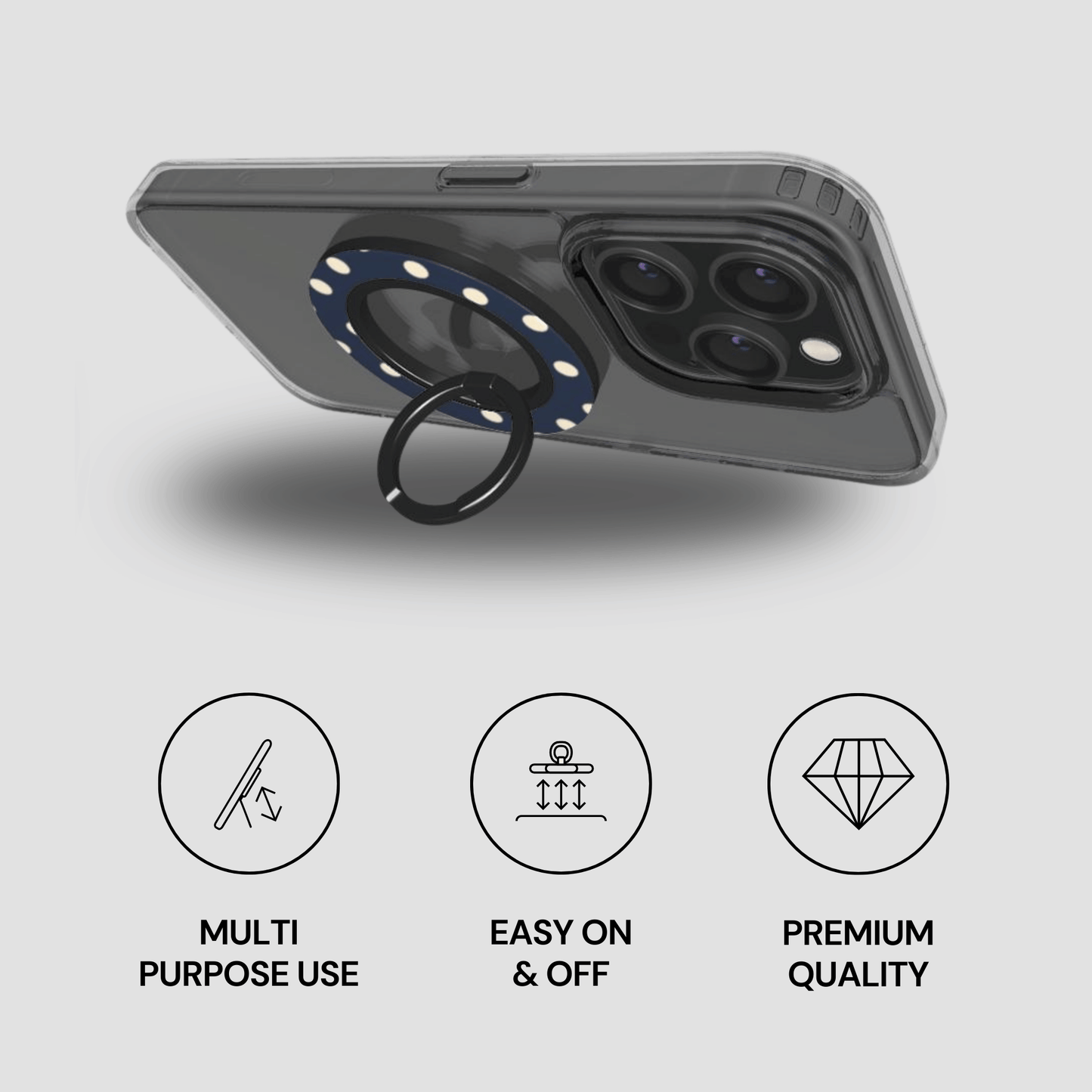 Phone case with ring holder on a light gray background