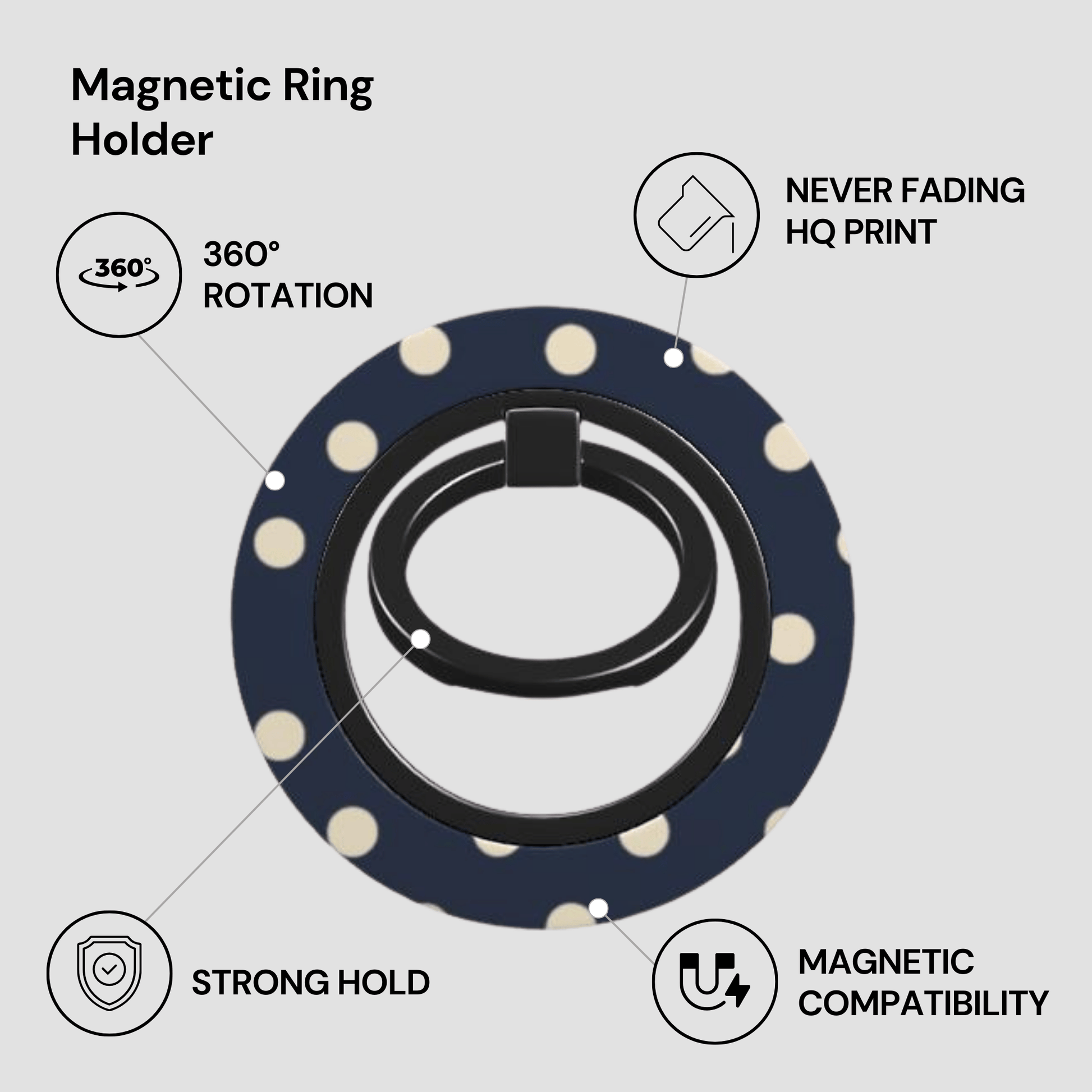 Magnetic ring holder with features highlighted on a light gray background