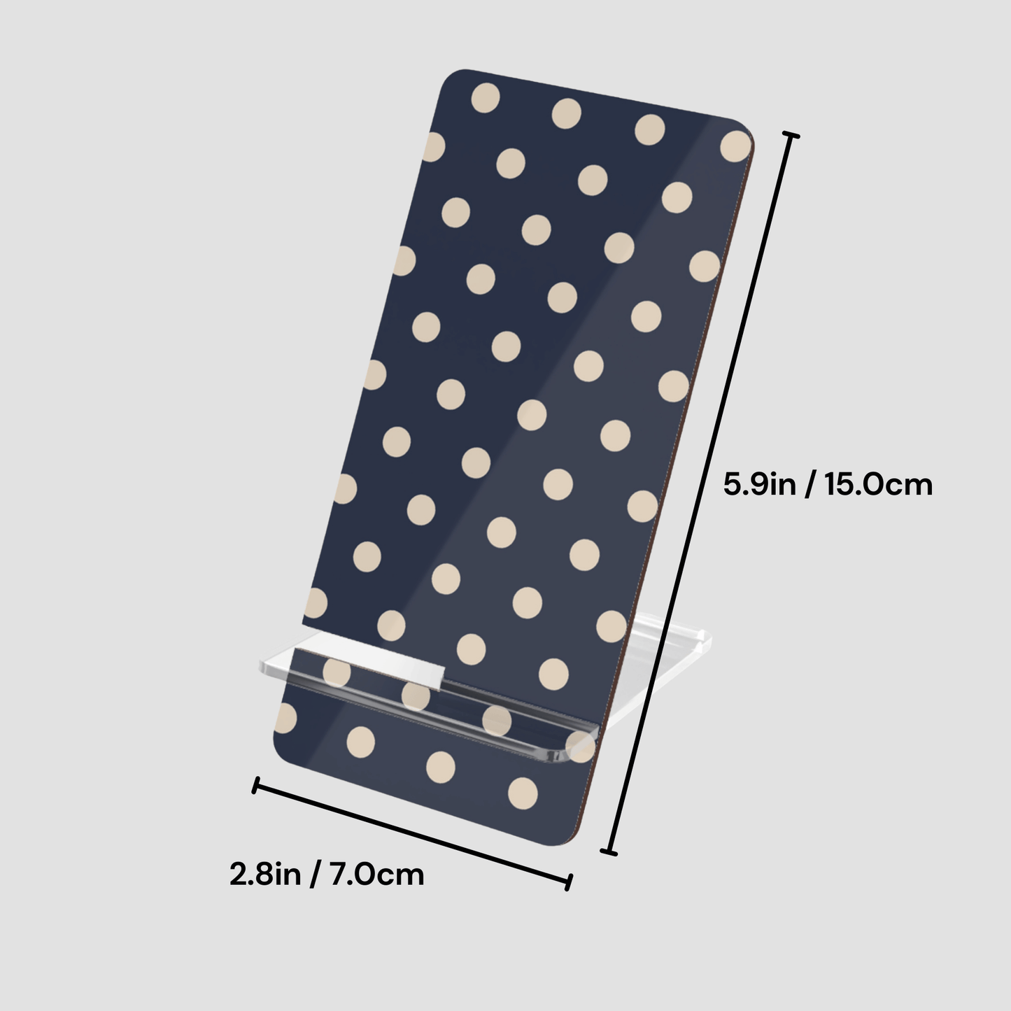 Navy blue case with white polka dots and measurements on a light gray background