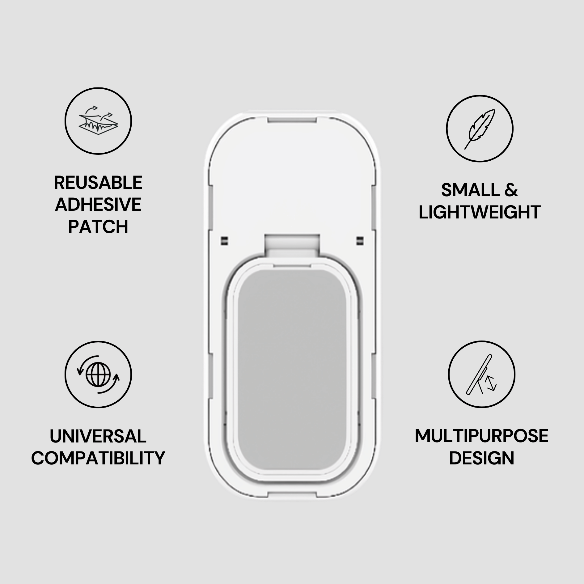 Reusable adhesive patch with features listed on a gray background