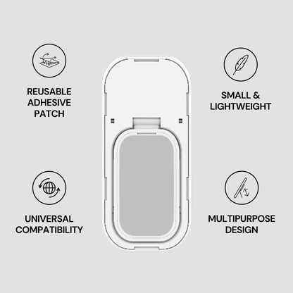 Reusable adhesive patch with features listed on a gray background