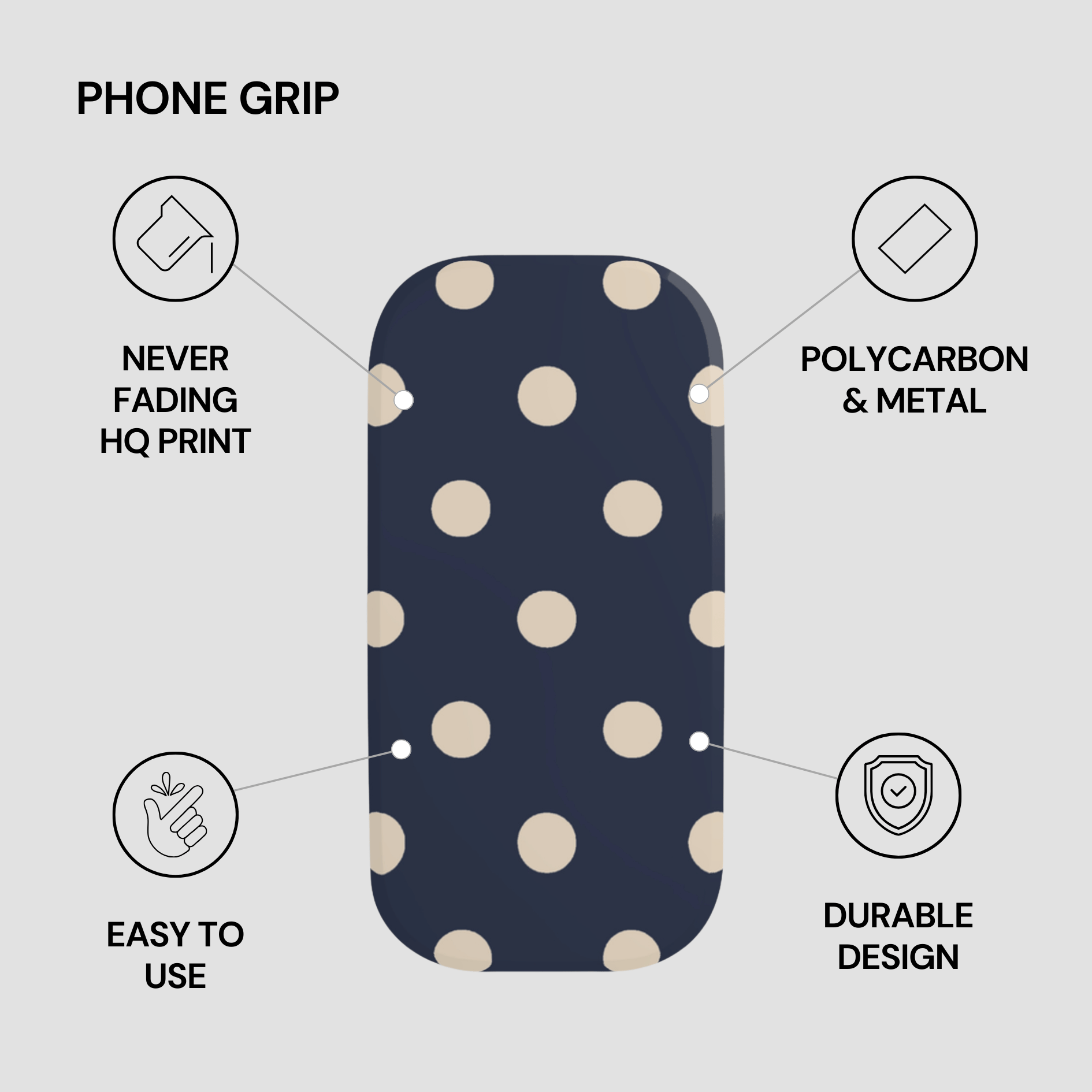 Phone grip with polka dot pattern on a gray background, featuring text about product features.