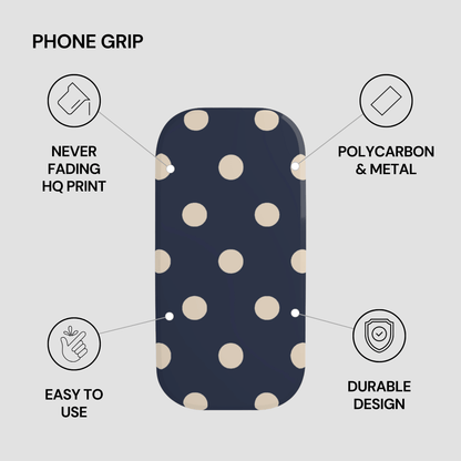 Phone grip with polka dot pattern on a gray background, featuring text about product features.