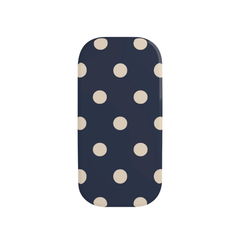 Phone case with a navy background and beige polka dots on a white background