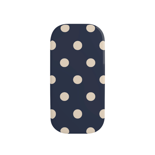 Phone case with a navy background and beige polka dots on a white background