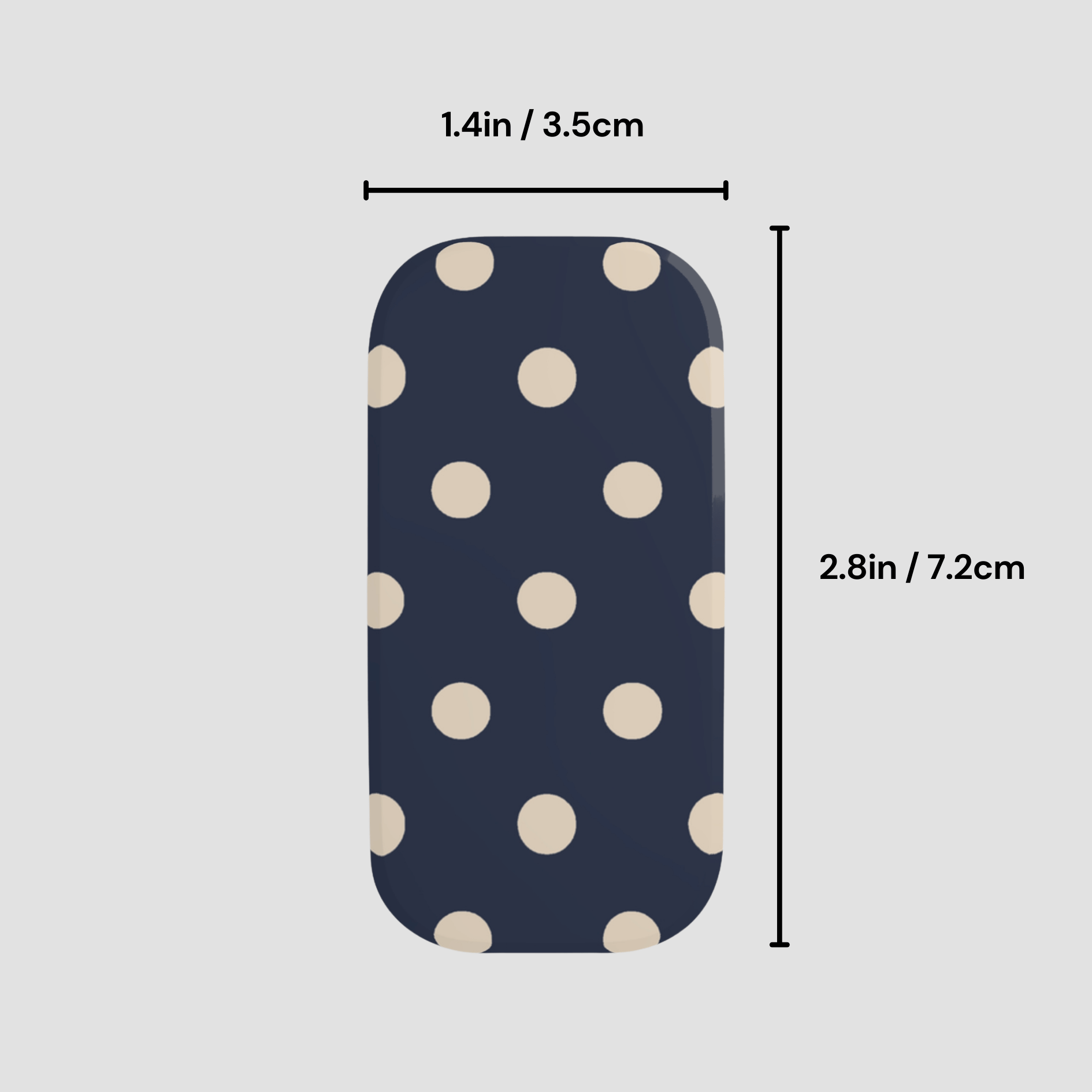 Navy blue pouch with beige polka dots and measurements on a light gray background