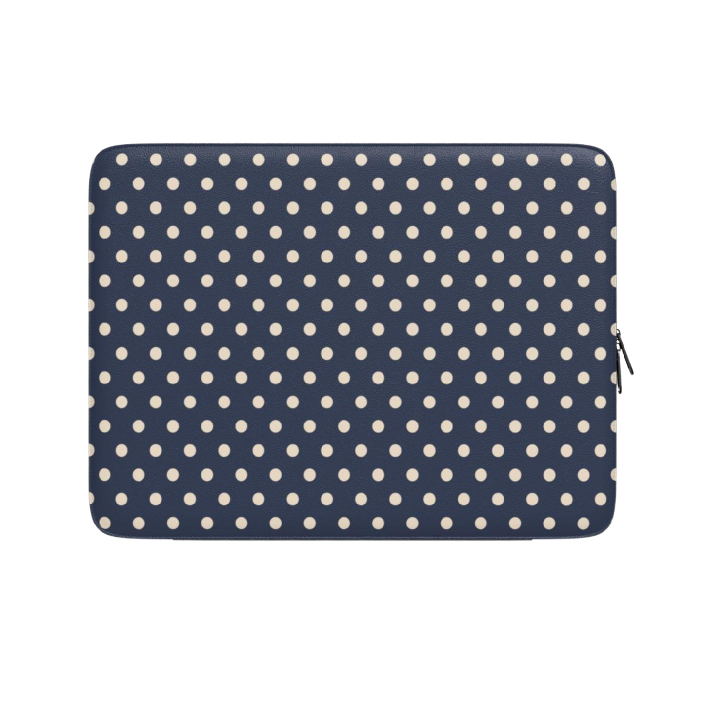 Navy blue laptop sleeve with white polka dots on a white background