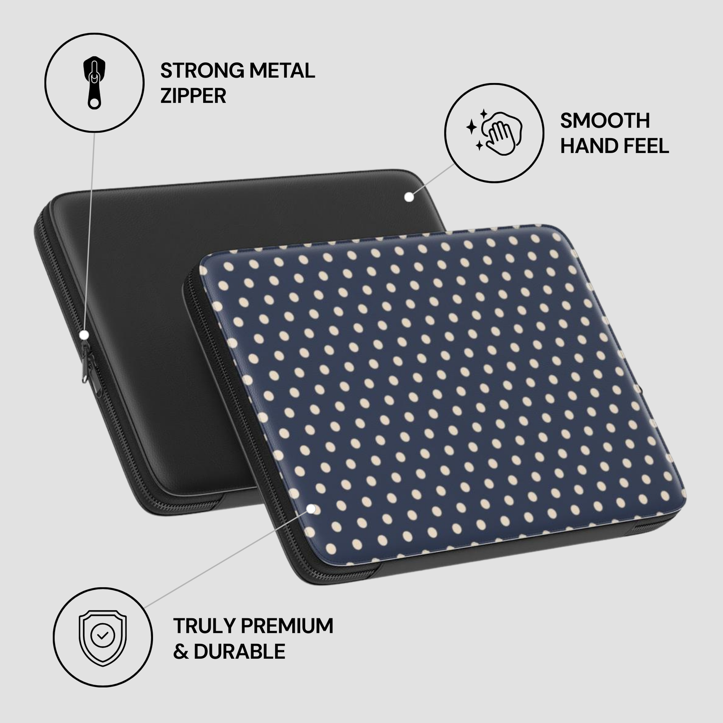 Polka dot case with text highlighting features on a light gray background