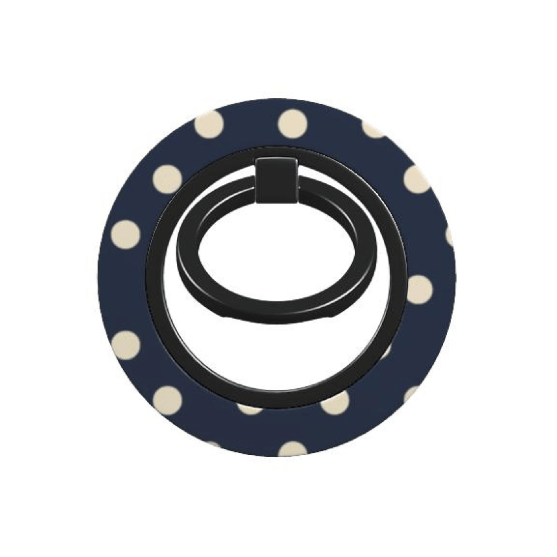 Phone ring holder with navy blue base and white polka dots on a white background