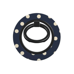 Phone ring holder with navy blue base and white polka dots on a white background
