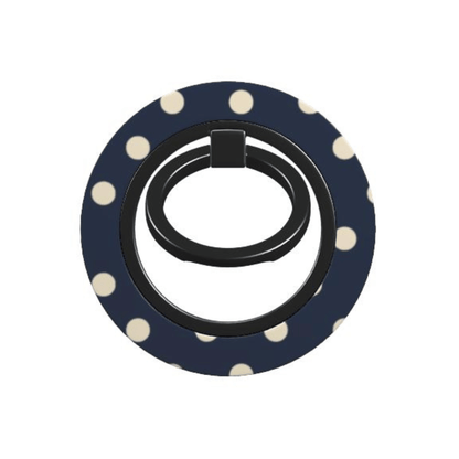 Phone ring holder with navy blue base and white polka dots on a white background